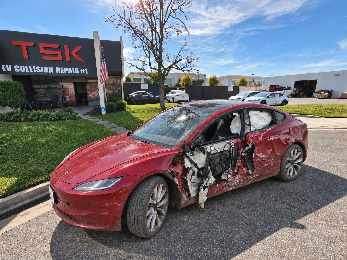 Red Tesla Model 3 with side-impact damage in front of the TSK EV Collision Repair shop