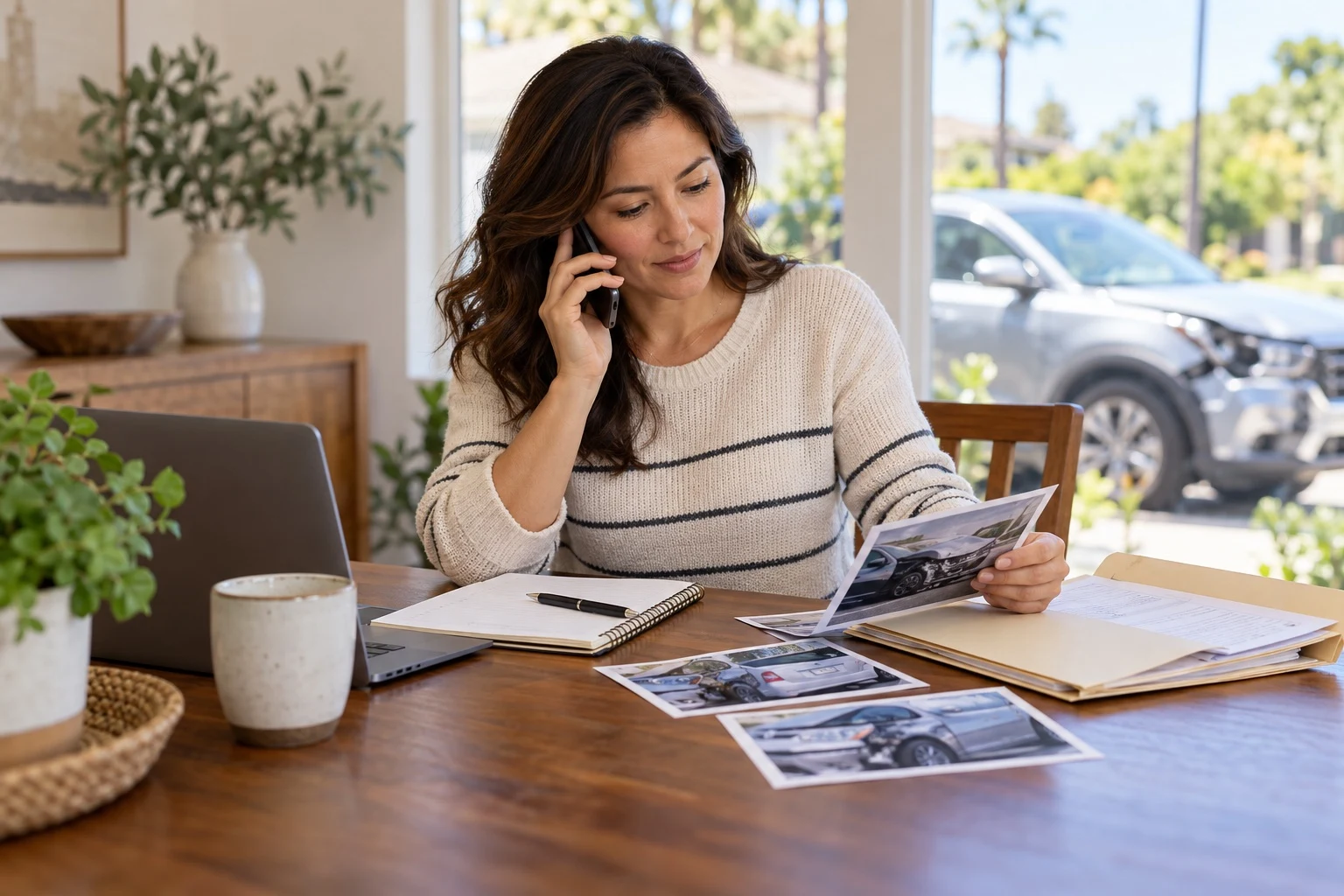 Woman calling her insurer with accident photos and claim papers on the table