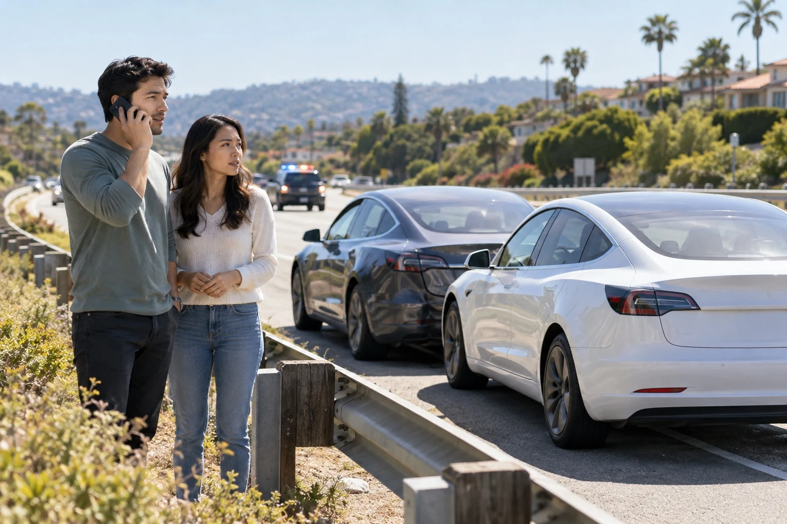 Couple calling for help beside two cars stopped on the roadside after a collision