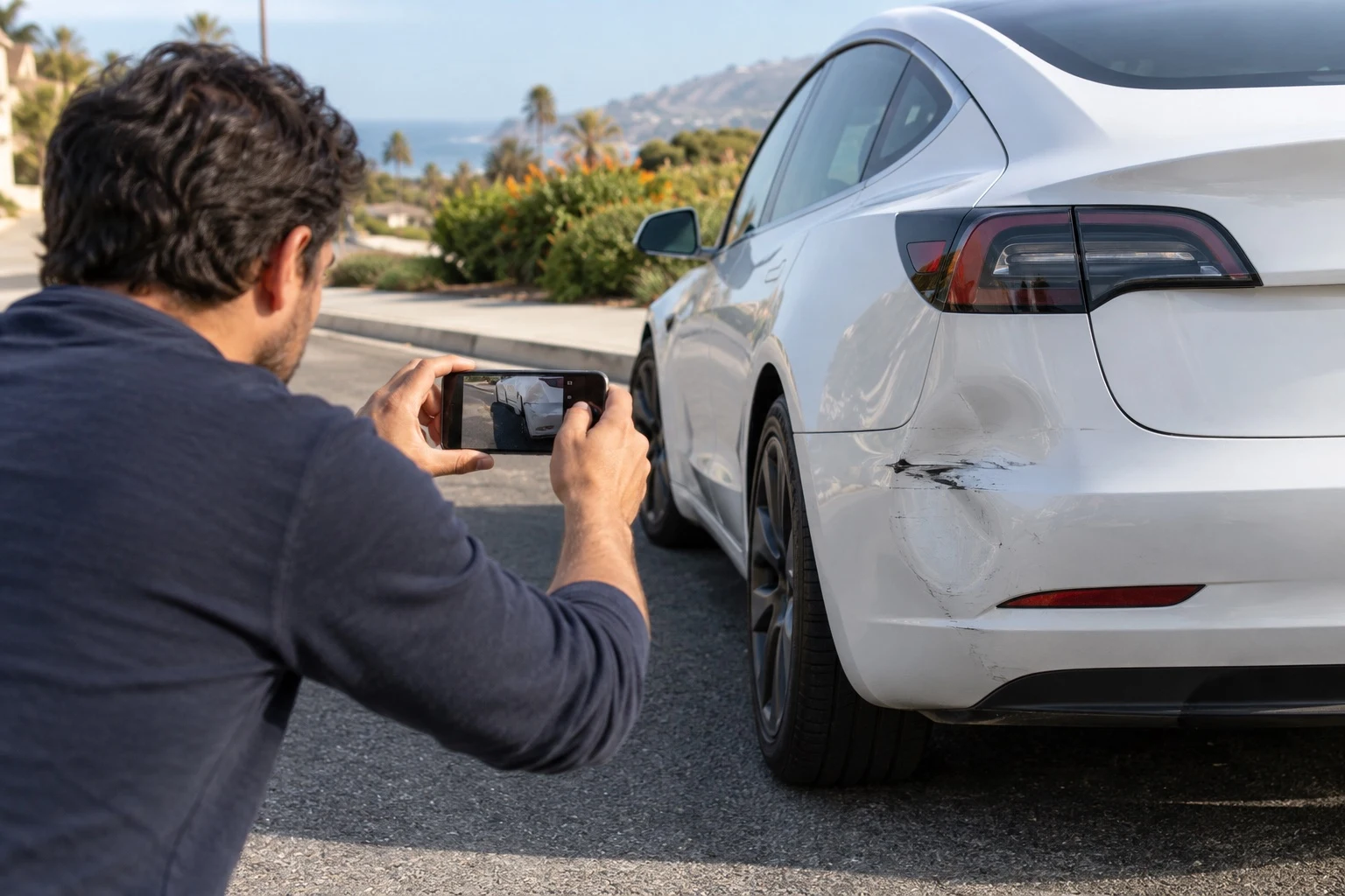 Driver photographing a dented rear bumper on a white Tesla Model 3