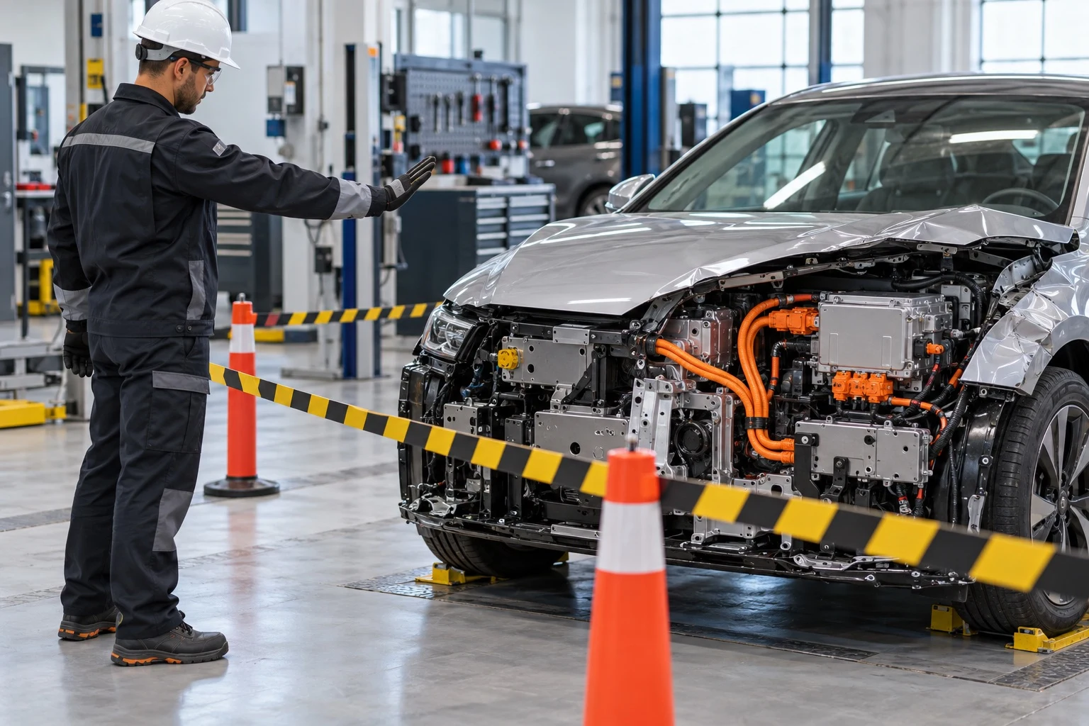 Technician keeping clear of an EV's exposed orange high-voltage cables behind a safety barrier