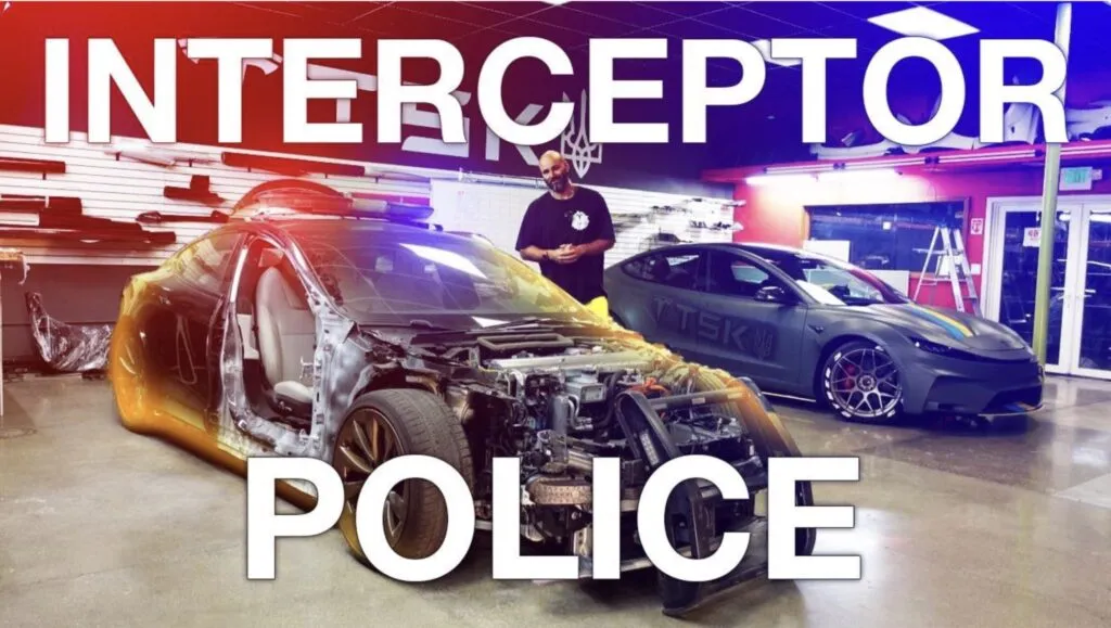 Police Interceptor project: stripped Tesla Model S body in the TSK shop beside a gray wrapped Tesla