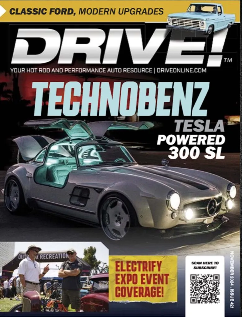 Tesla Gullwing project on the DRIVE! magazine cover as Technobenz, a Tesla-powered 300 SL with gullwing doors open