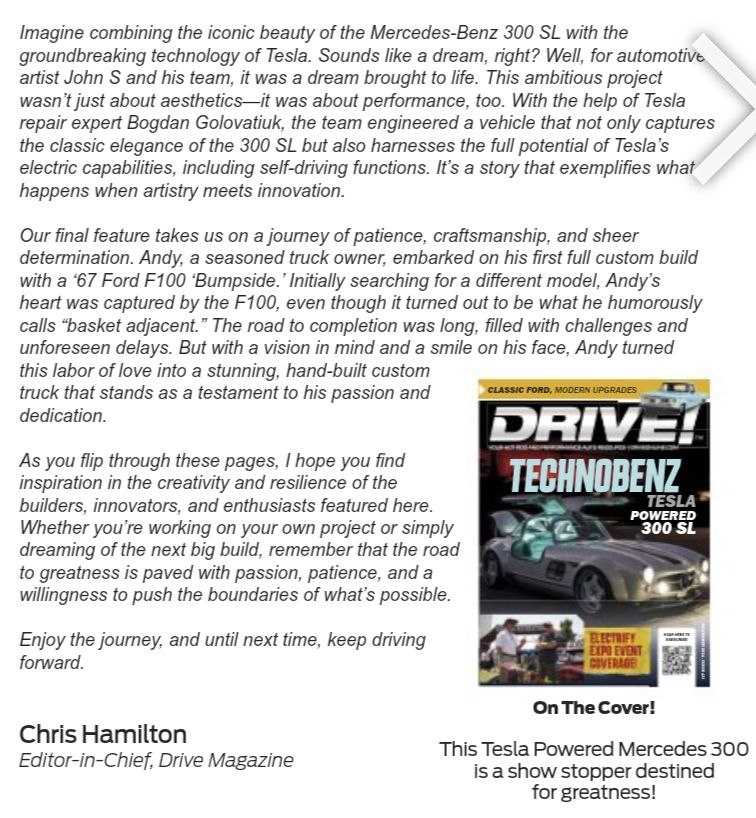 DRIVE! magazine editor's letter with the Technobenz cover: the Tesla Gullwing project, a Tesla-powered 300 SL