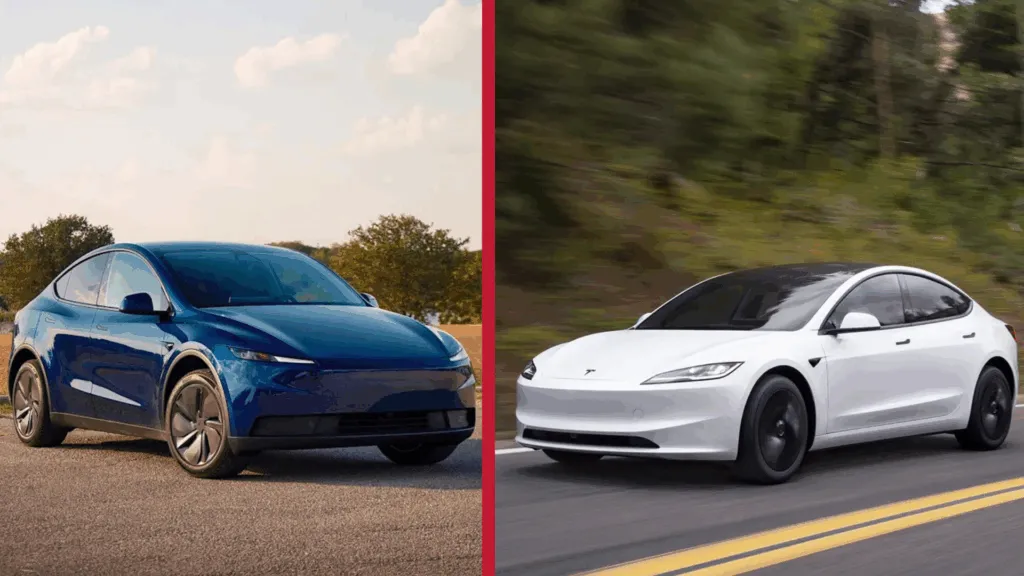 Side-by-side comparison of a blue Tesla Model Y and white Model 3 on roads