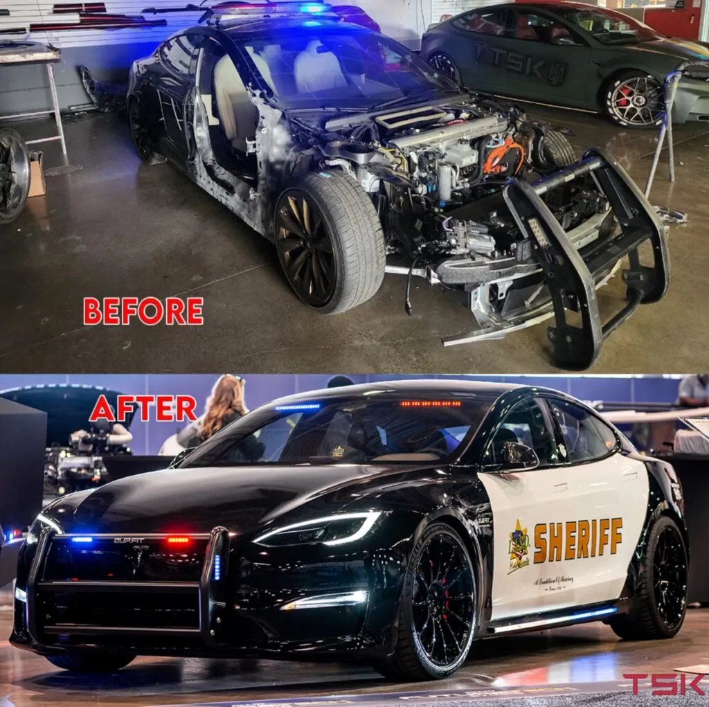 Police Interceptor project: before and after of the Tesla Model S rebuilt as a black-and-white Sheriff car