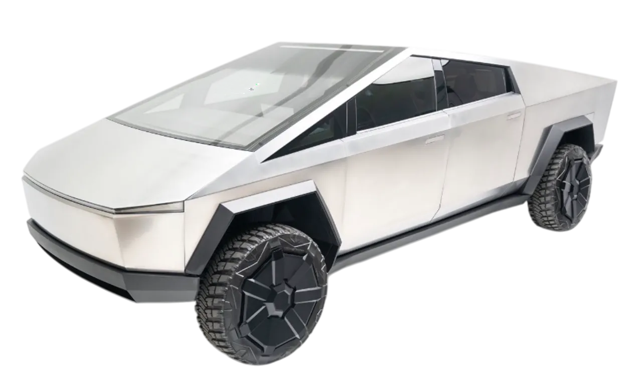Stainless steel Tesla Cybertruck, front three-quarter view