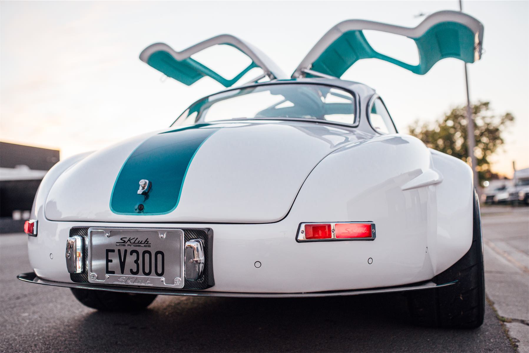 Tesla Gullwing project: rear view of white gullwing EV with teal stripe and EV300 plate