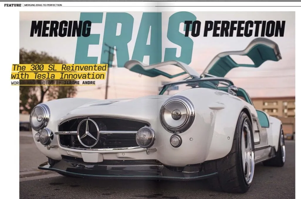 Tesla Gullwing project in a magazine spread, Merging Eras to Perfection: white 300SL-style EV with gullwing doors open