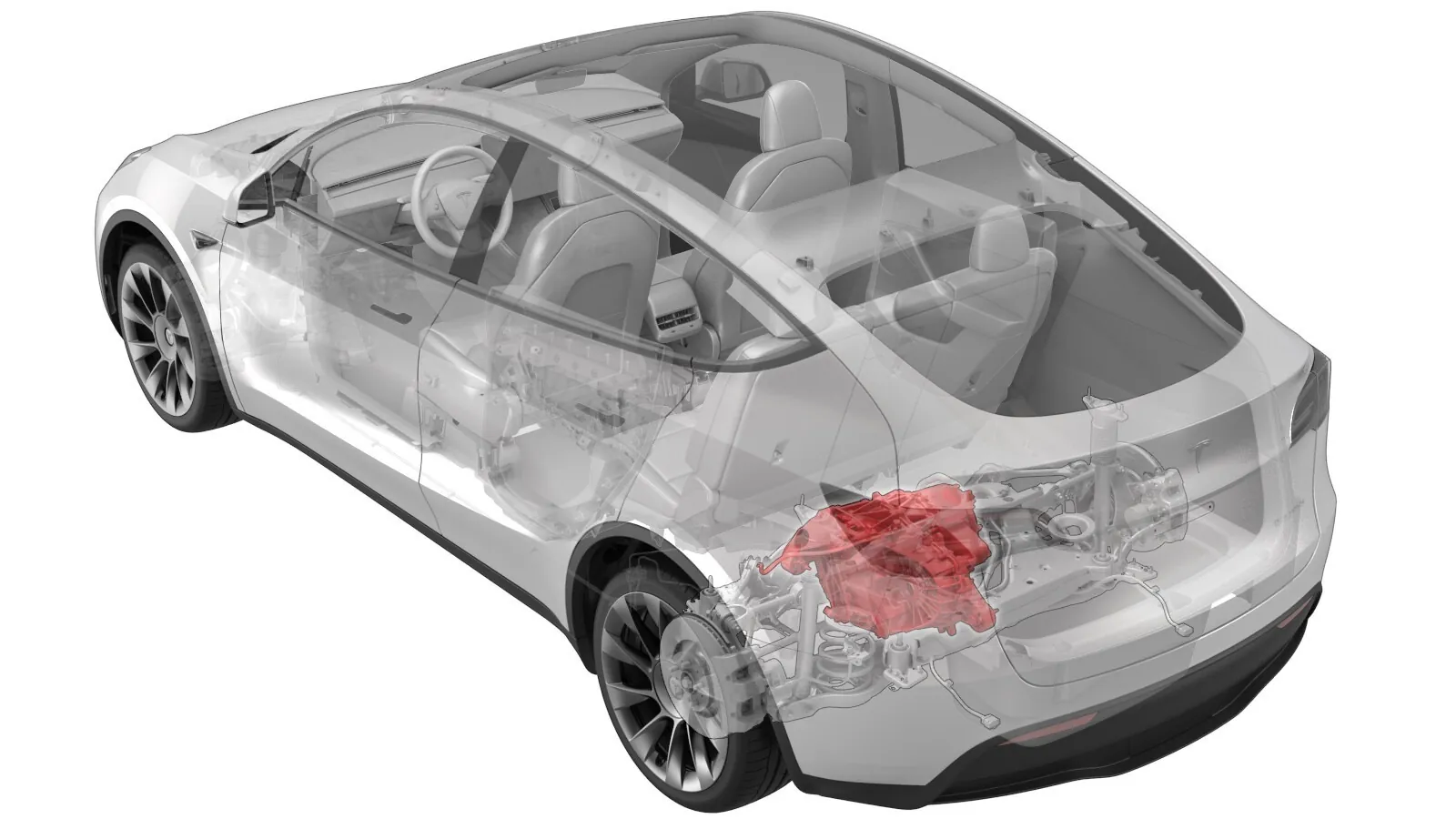 Tesla Model Y cutaway showing rear drive unit highlighted in red near suspension