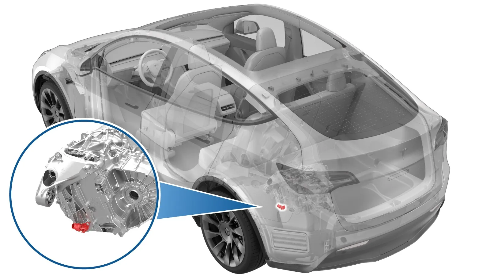 Cutaway Tesla Model Y showing rear drive unit location and motor detail