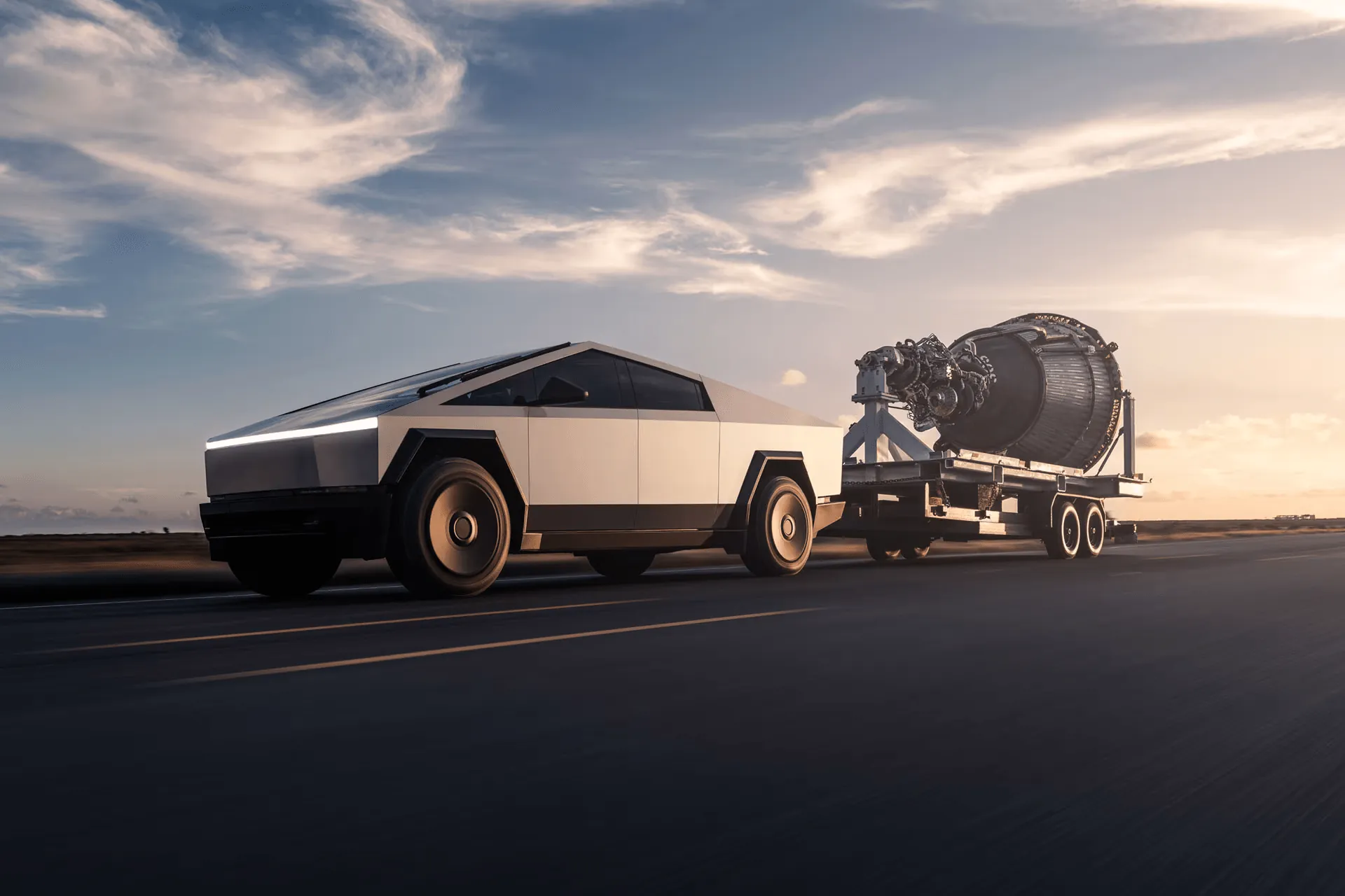 Tesla Cybertruck towing a large jet engine on a flatbed trailer, roadway setting