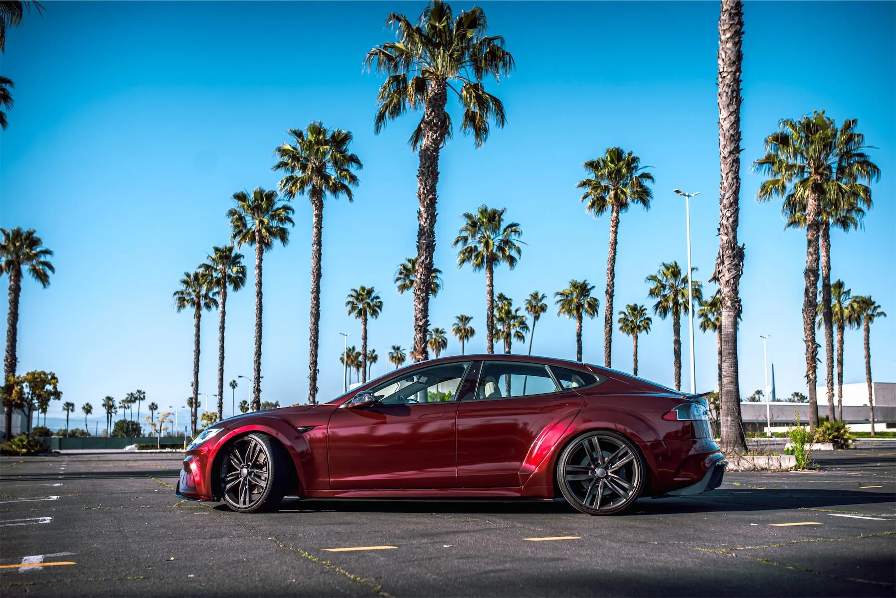 Wild Tesla project: red Tesla Model S widebody parked among palm trees