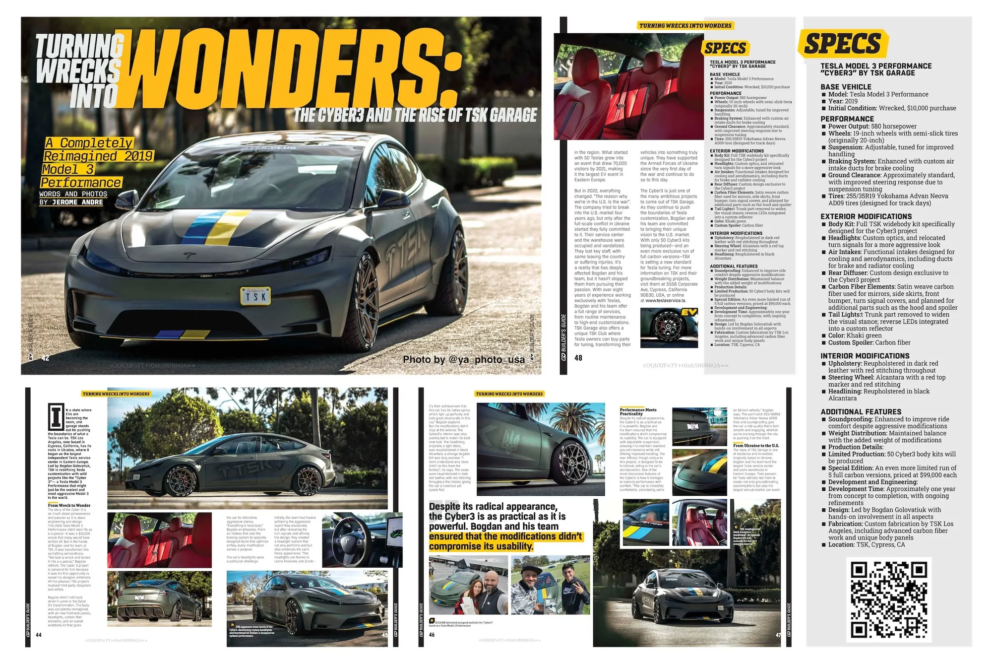 Custom-built Cyber3 Tesla Model 3 conversion parked outdoors, magazine feature spread