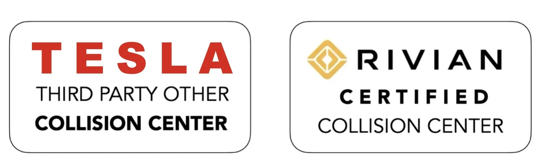 Tesla Third Party Other and Rivian Certified Collision Center badges at TSK