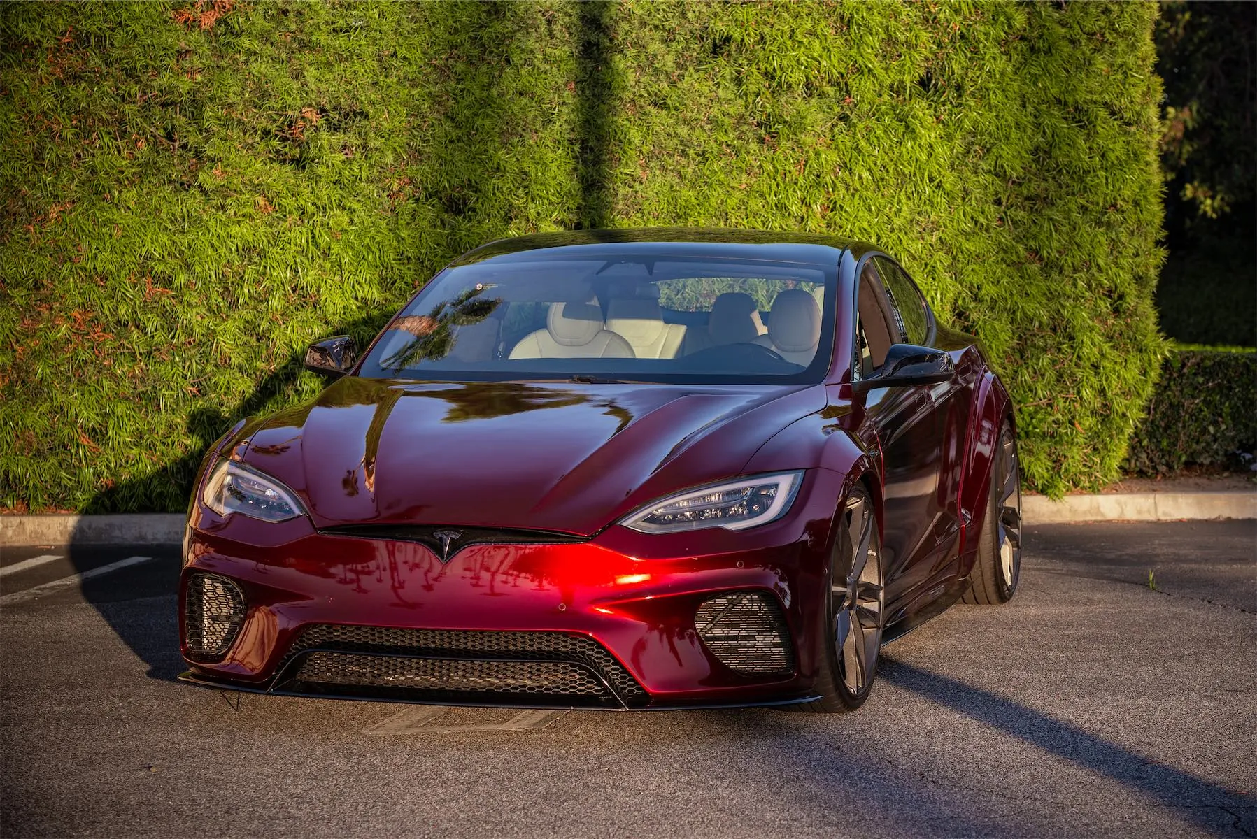 Wild Tesla project: dark red Tesla Model S widebody parked by a hedge