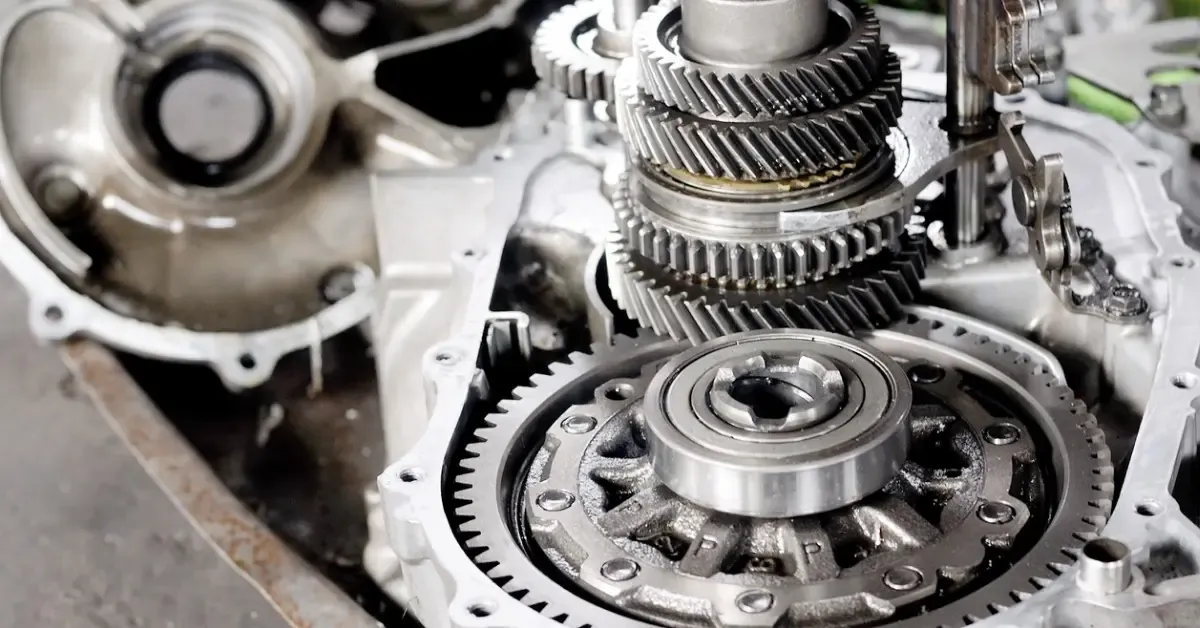 Disassembled Tesla drive unit showing gear stack and differential during reduction gear repair