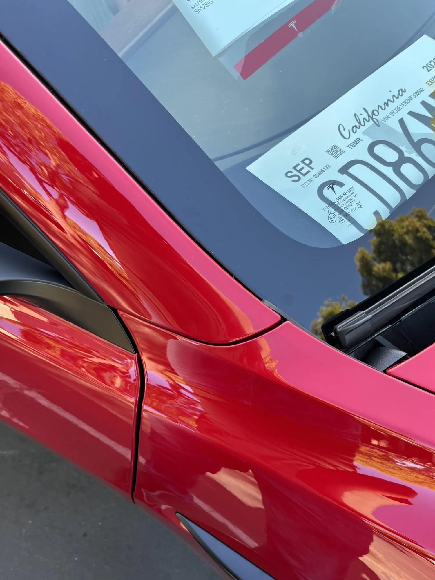 Close-up of red Tesla Model 3 door panel gap and rear window trim alignment