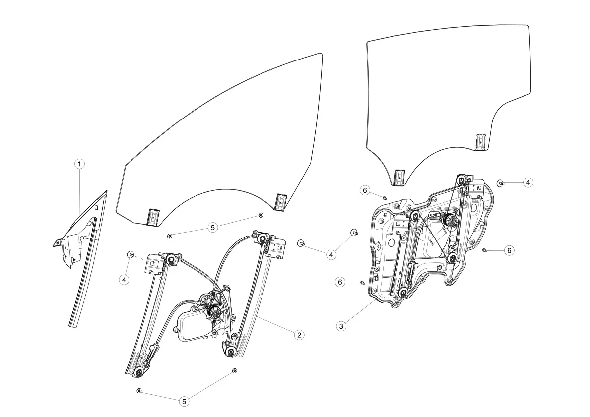 Exploded diagram of front door window regulator, glass, and motor assembly parts
