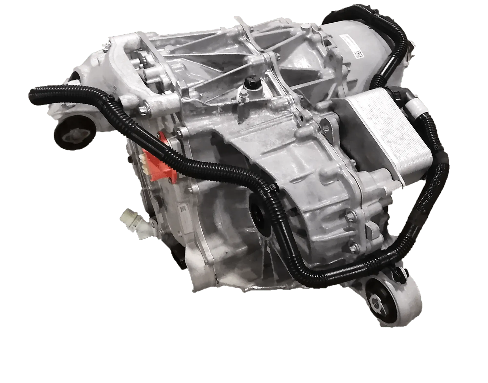 Tesla Model 3 drive unit assembly with wiring harness on white background