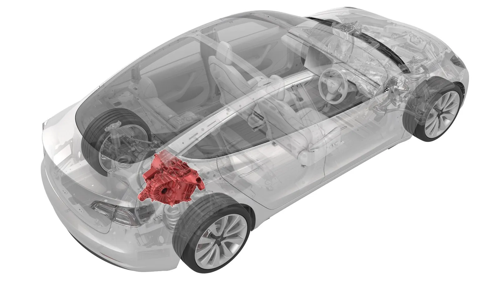 Tesla Model 3 cutaway showing rear drive unit highlighted in red