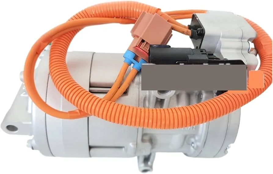 Tesla Model 3 electric AC compressor with orange high-voltage cables, HVAC service part
