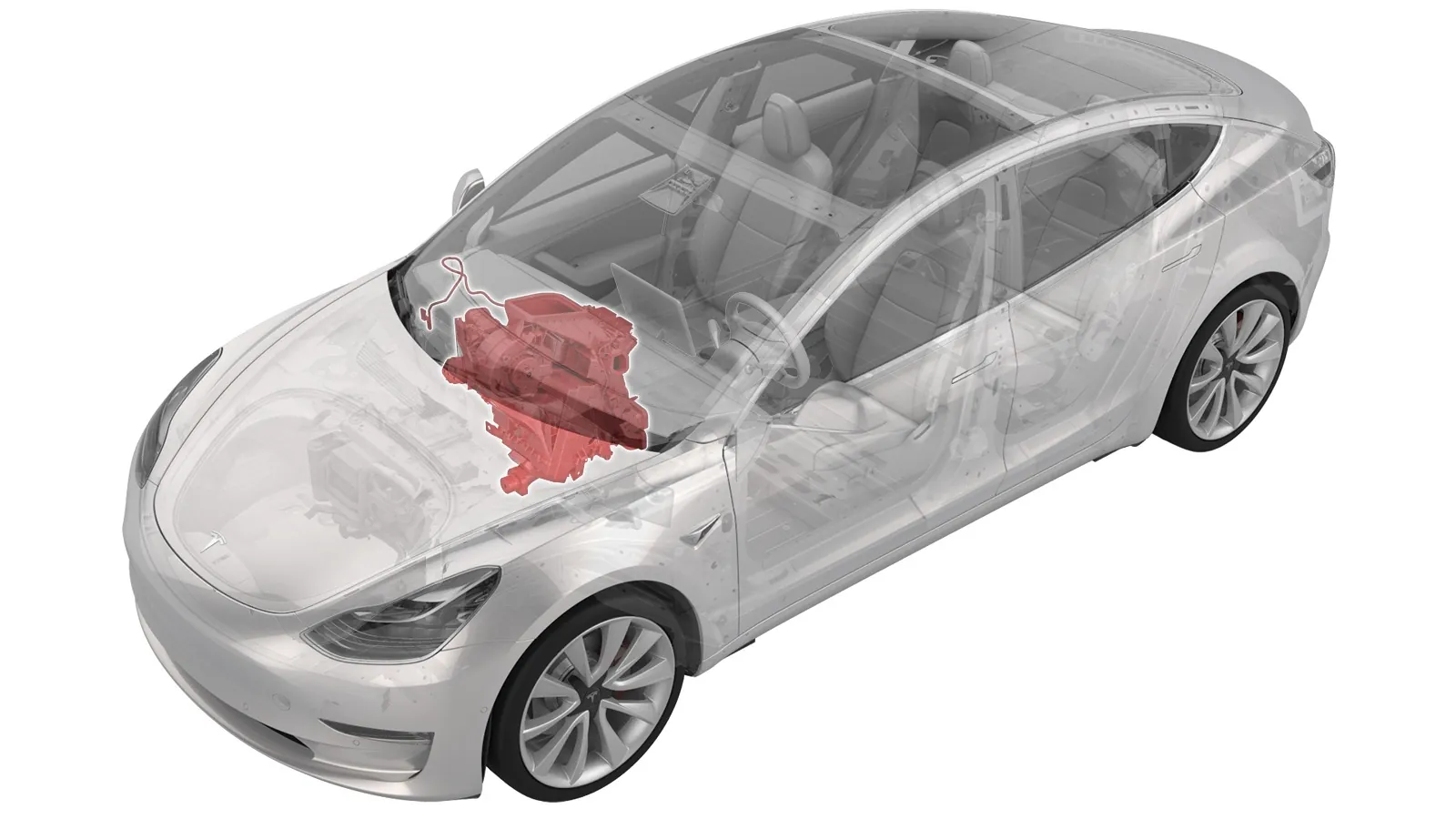 Tesla Model 3 cutaway showing front HVAC unit location under the hood