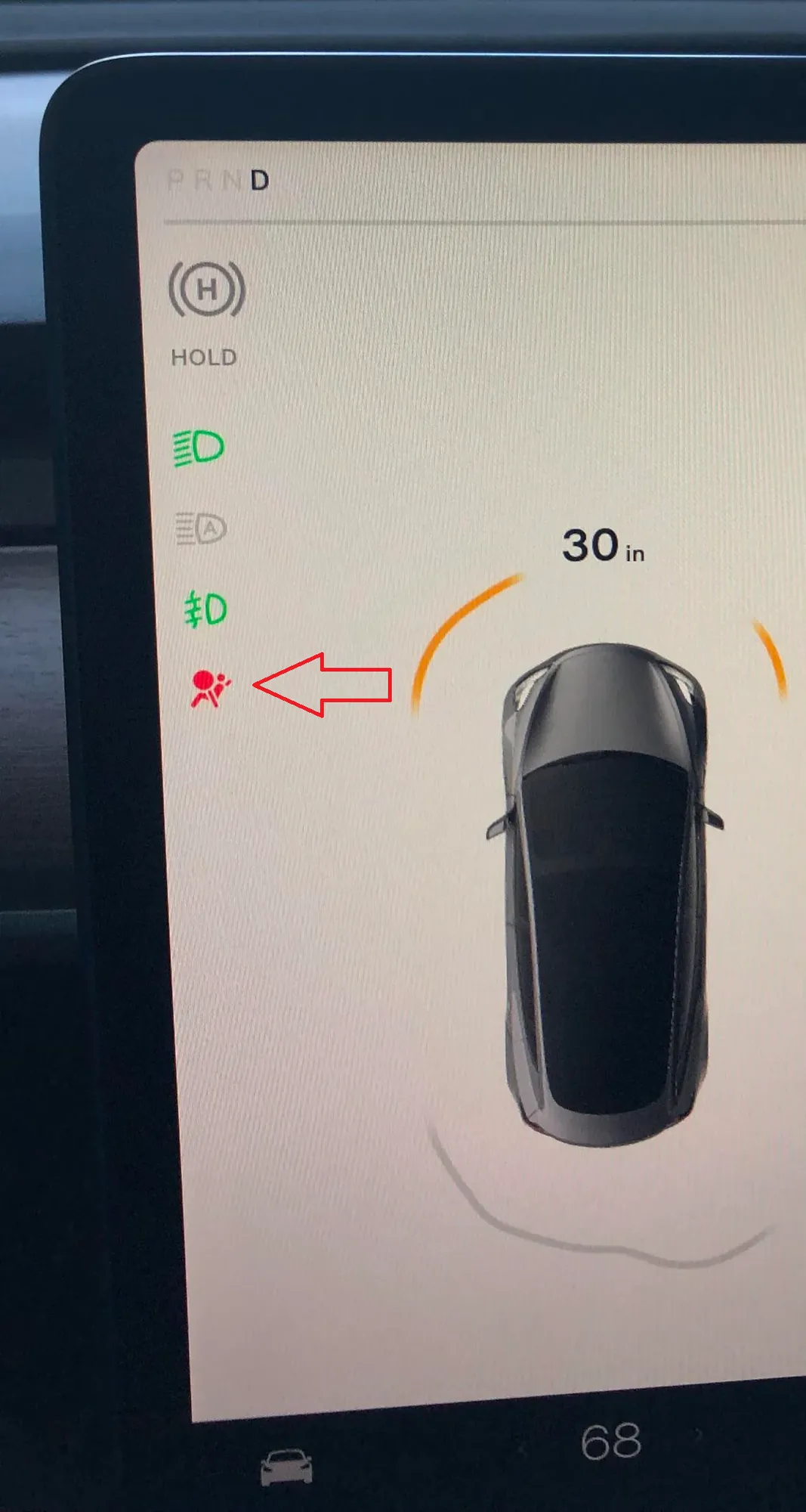 Tesla Model 3 touchscreen showing red airbag warning icon needing diagnostic repair