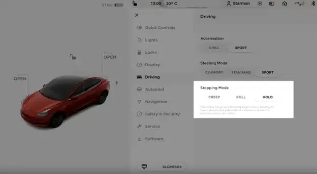 Tesla Model 3 touchscreen showing Driving settings with Stopping Mode set to Hold