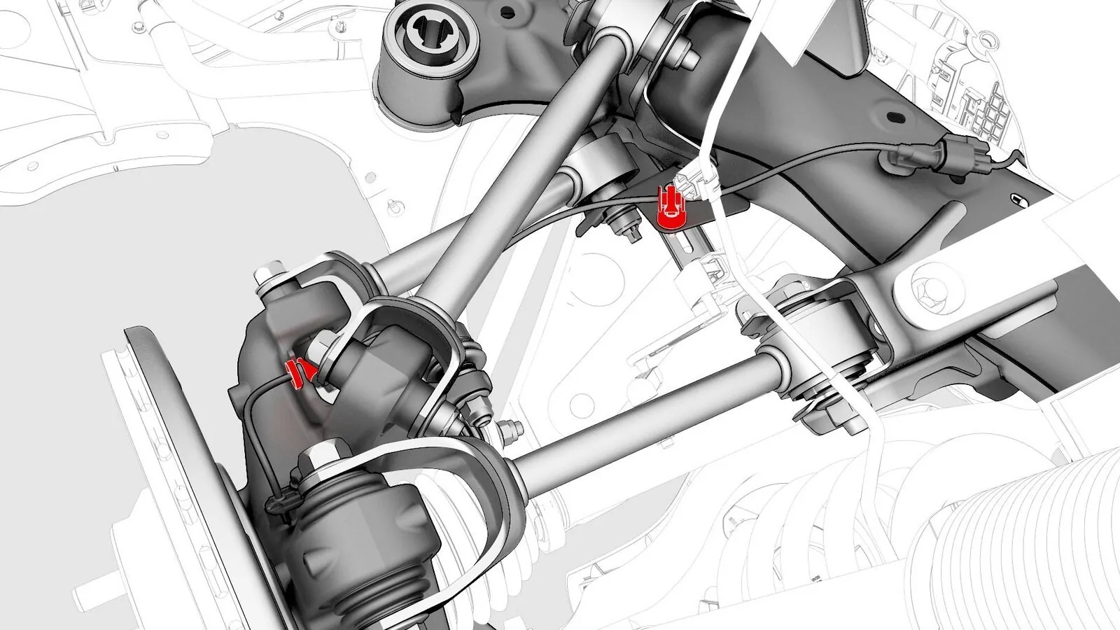 Tesla Model 3 front suspension diagram showing control arms, steering, and sensor wiring