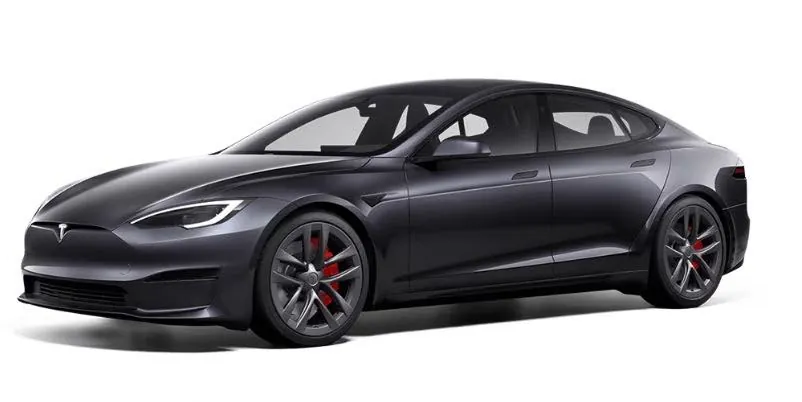 Black Tesla Model S sedan, front three-quarter view on white background