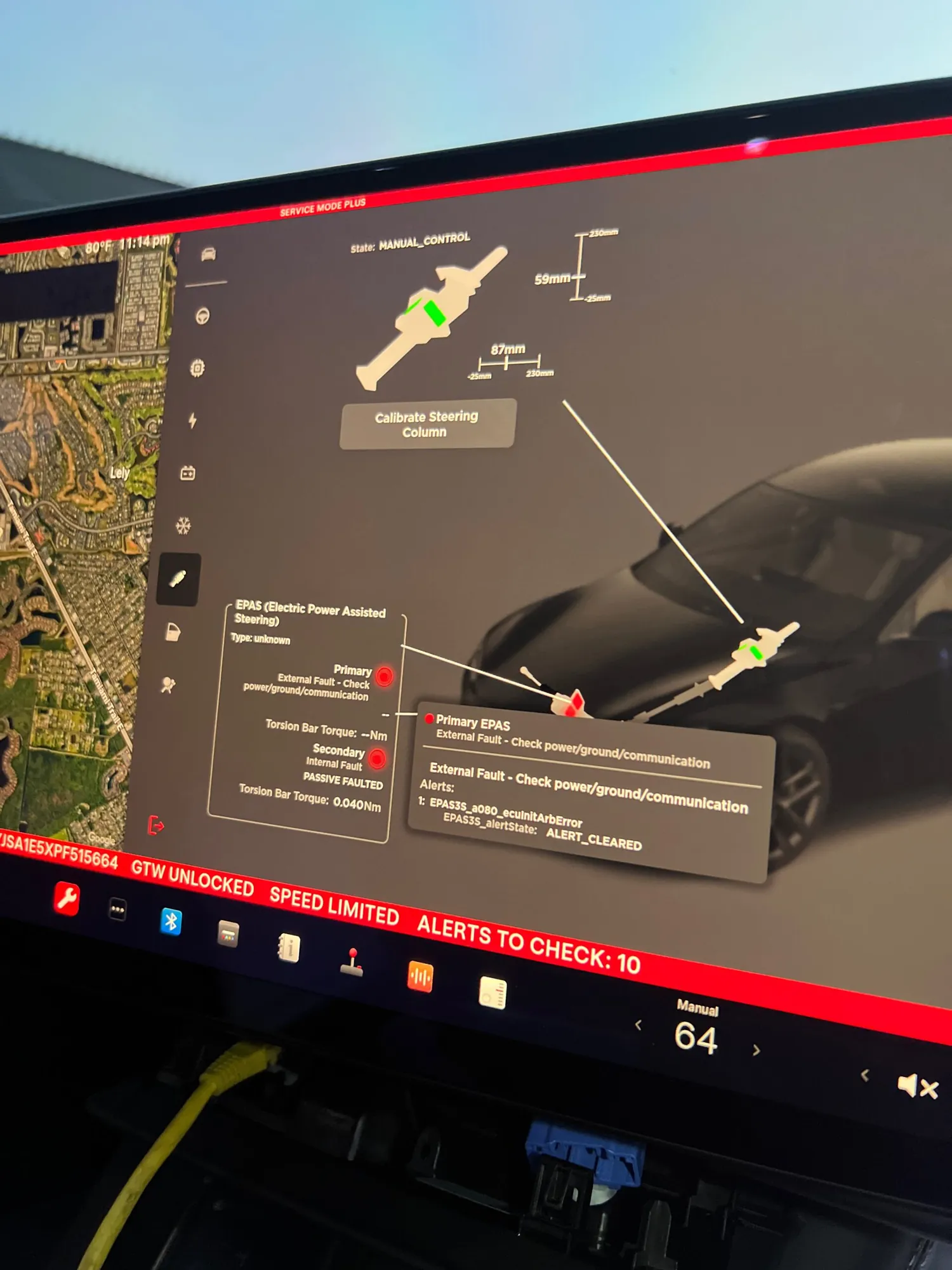 Tesla Service Mode screen showing EPAS steering fault and calibration diagnostics