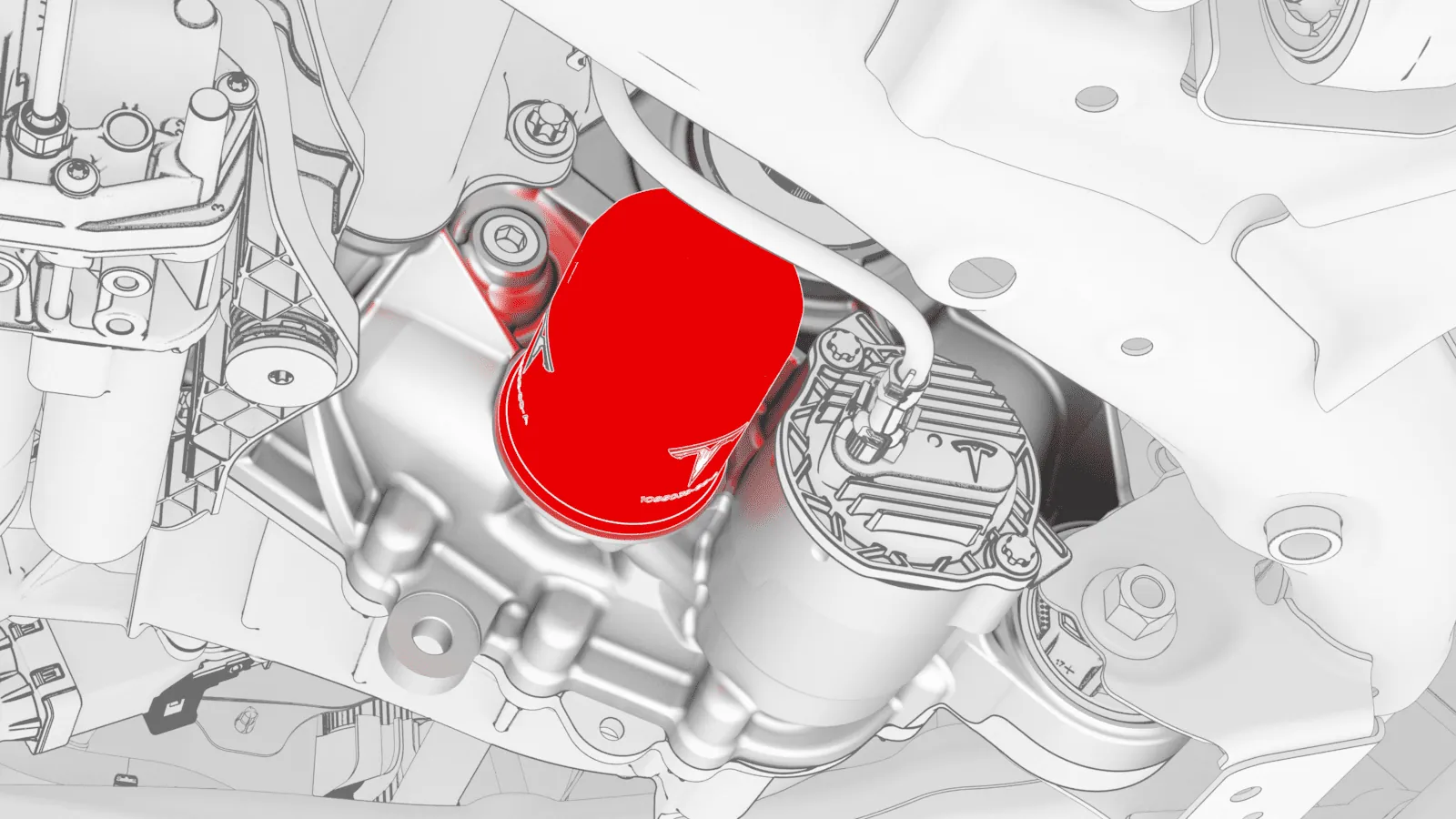 Tesla Model S drive unit with reduction gear oil fill cap highlighted in red