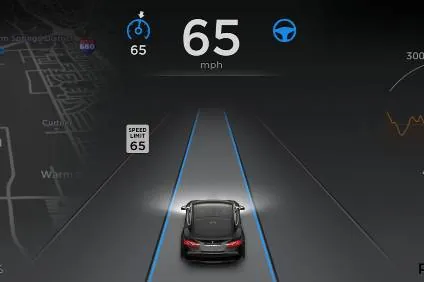 Tesla Model S Autopilot display showing speed limit and lane centering guidance