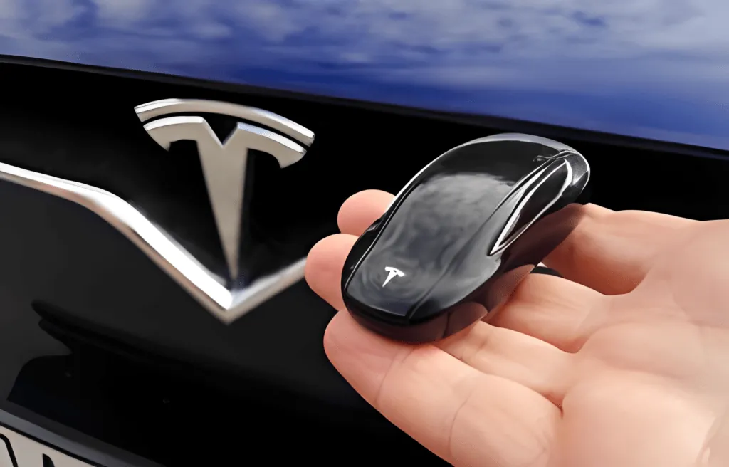 Hand holding Tesla Model S key fob near vehicle's chrome T badge
