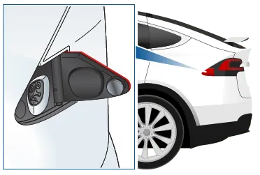 Tesla Model X charge port and door diagram beside rear charging port photo
