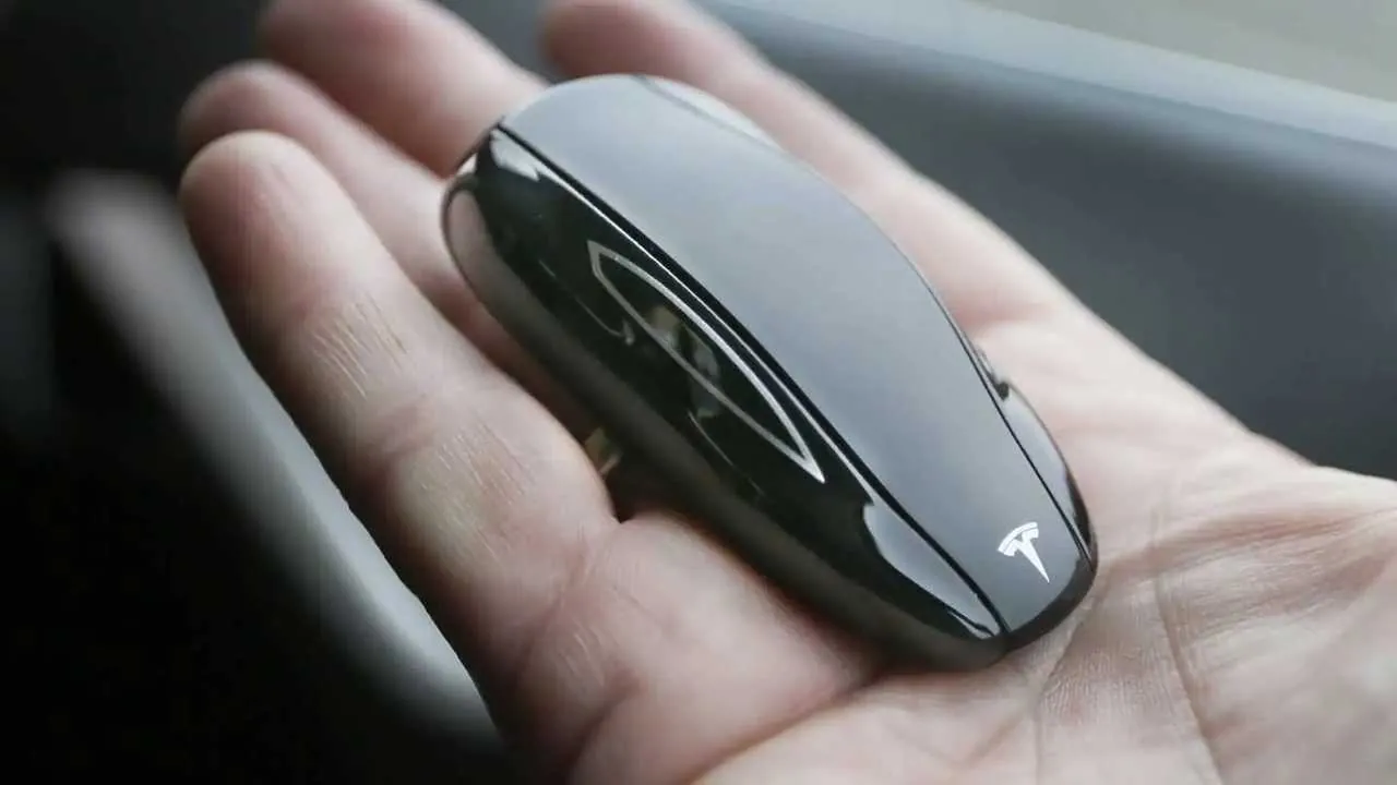 Hand holding a black Tesla key fob during key programming at TSK