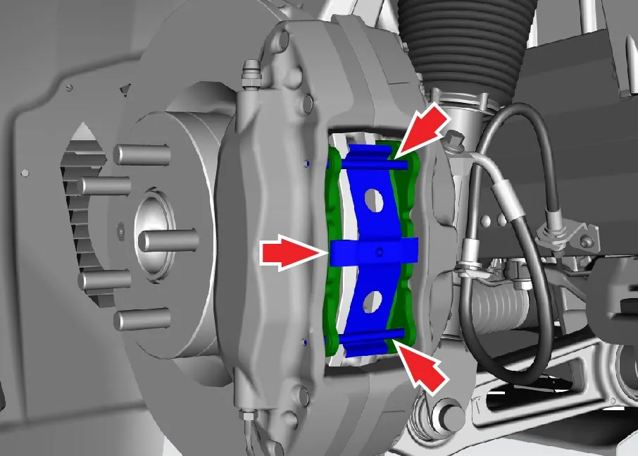 Diagram of Tesla Model X brake caliper and pads highlighting installation points