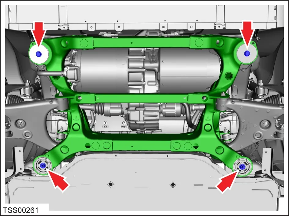 Tesla Model X front subframe diagram highlighting four mounting bolt locations for replacement