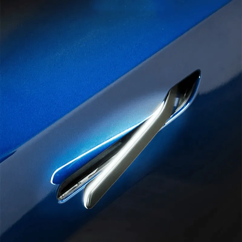 Chrome flush door handle on blue Tesla Model Y, TSK exterior upgrade service