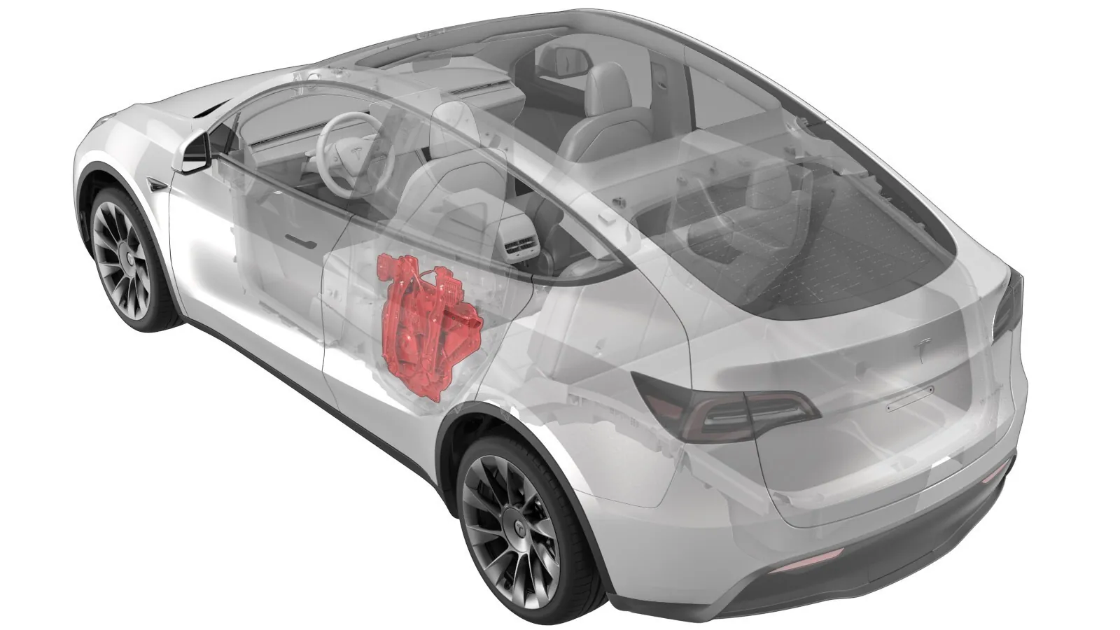 Tesla Model Y transparent rendering showing heat pump location behind rear seats