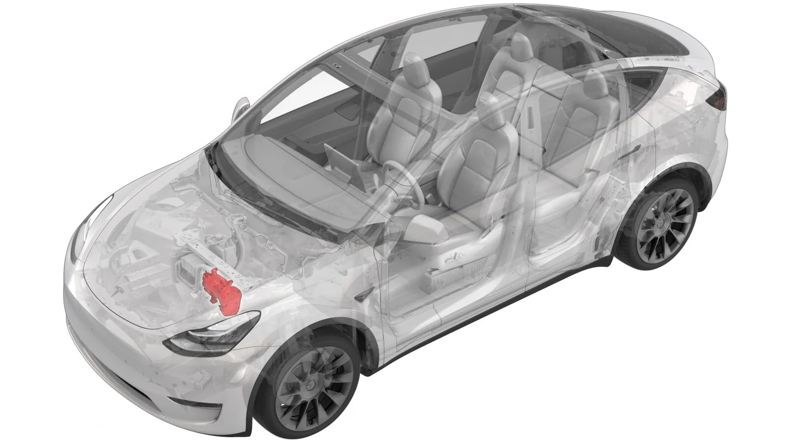 Tesla Model Y transparent diagram highlighting AC compressor location under the hood