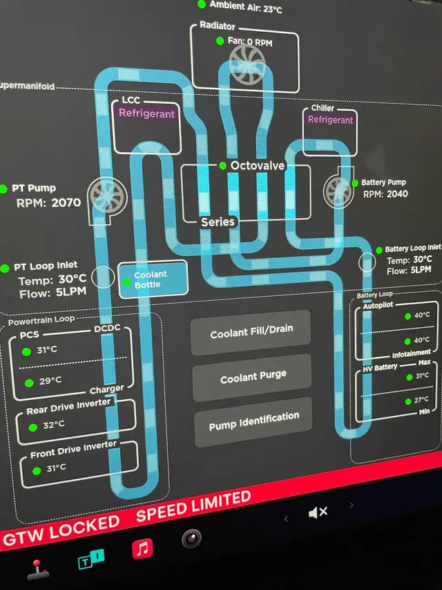 Tesla Model Y thermal management screen showing coolant loops, pumps, and Octovalve status