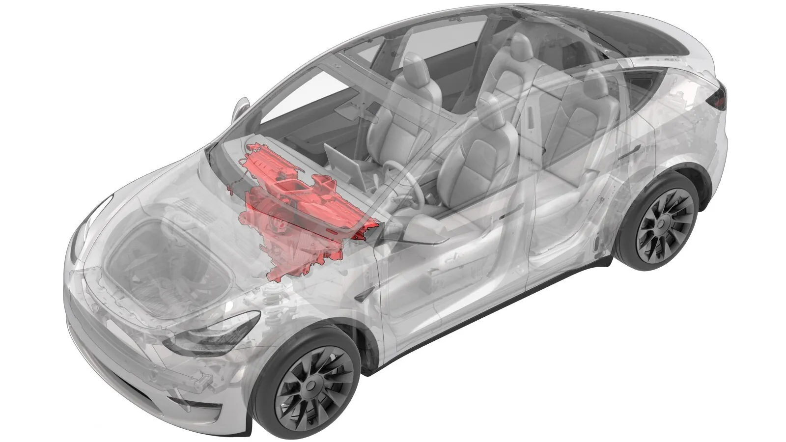 Tesla Model Y transparent view highlighting HVAC heating and air conditioning unit under dash