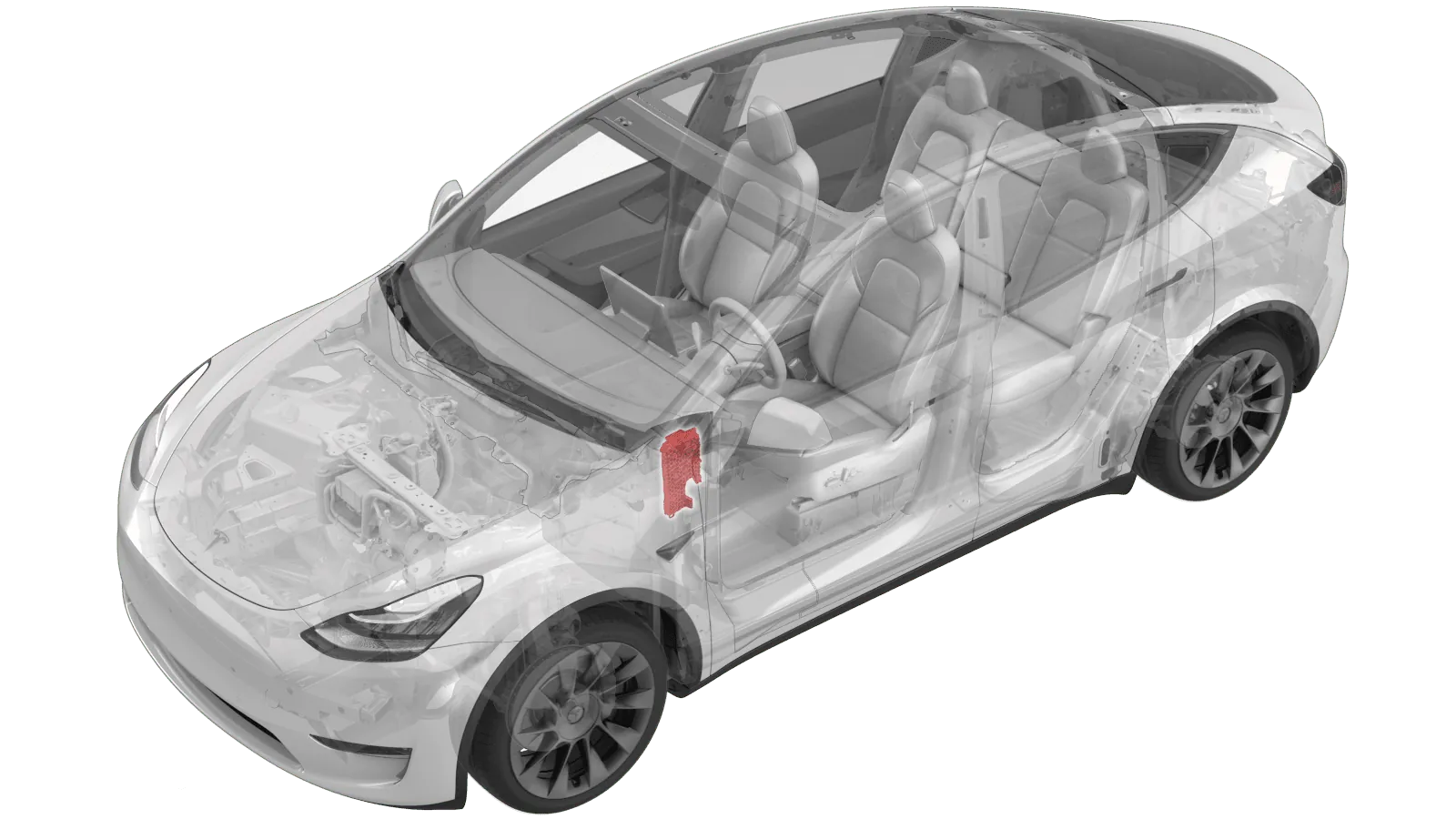 Tesla Model Y transparent diagram highlighting driver footwell control module location
