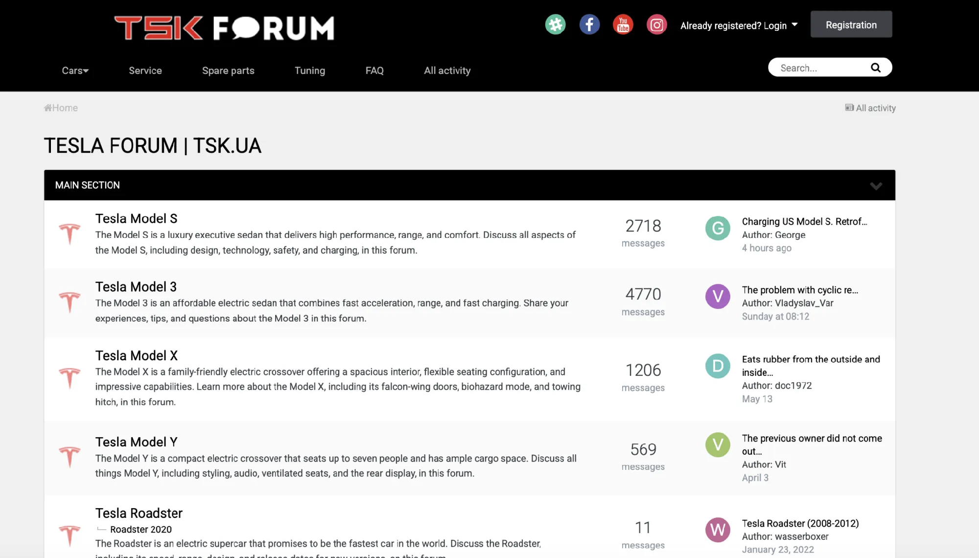 Screenshot of TSK Forum website homepage listing Tesla Model S, 3, X, Y, and Roadster discussion boards