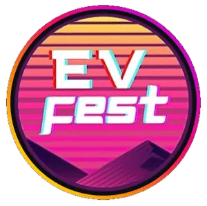 EV Fest circular logo badge with retro pink gradient and mountain silhouette