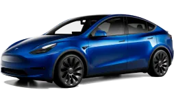 Blue Tesla Model Y, front three-quarter view, drive unit service at TSK