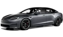 Gray Tesla Model S with black wheels, side view on transparent background