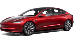 Red Tesla Model 3 sedan viewed from front three-quarter angle